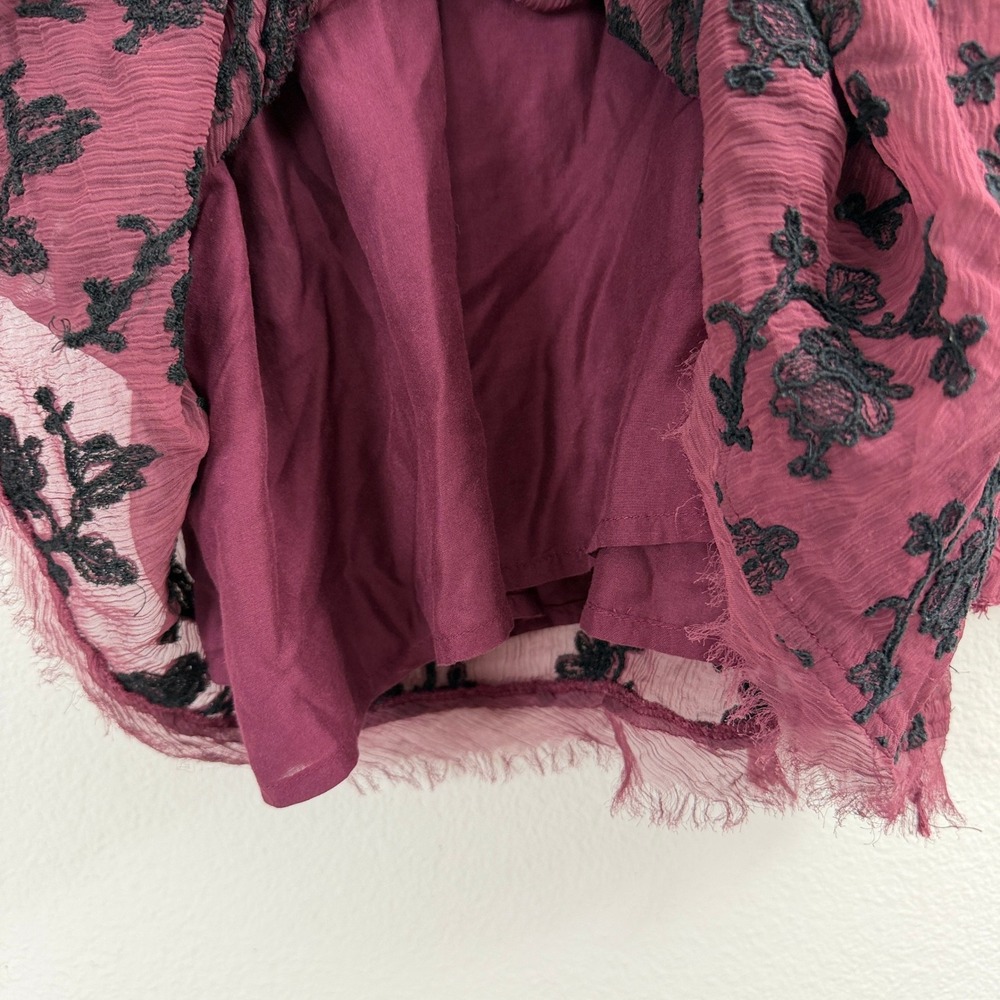 Sundance Top Womens Small Burgundy Floral Embroidered Tassel Tie Long Sleeve - Picture 12 of 13